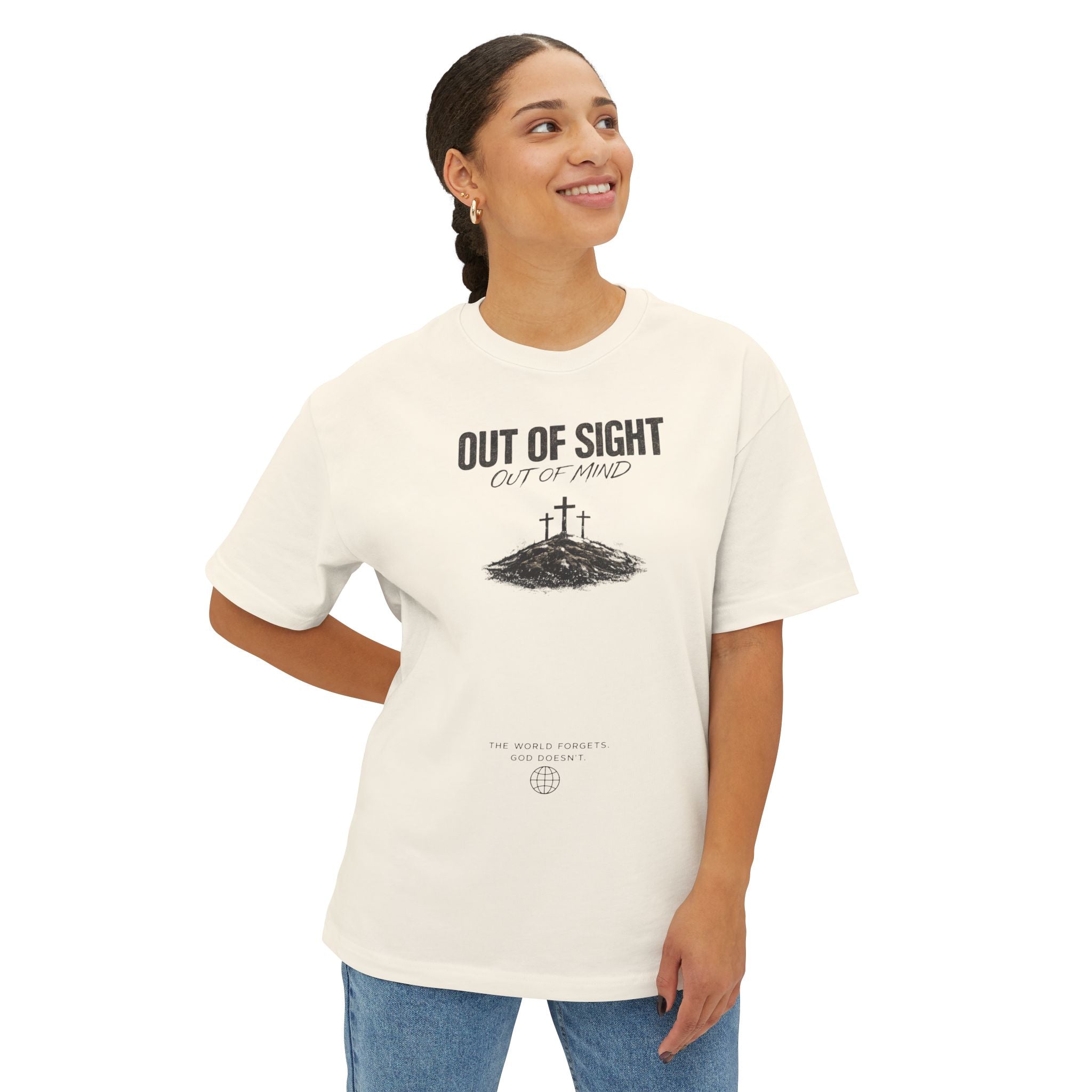 Out of Sight Tee — Minimal Christian Cross & Tomb Graphic Oversized T-Shirt