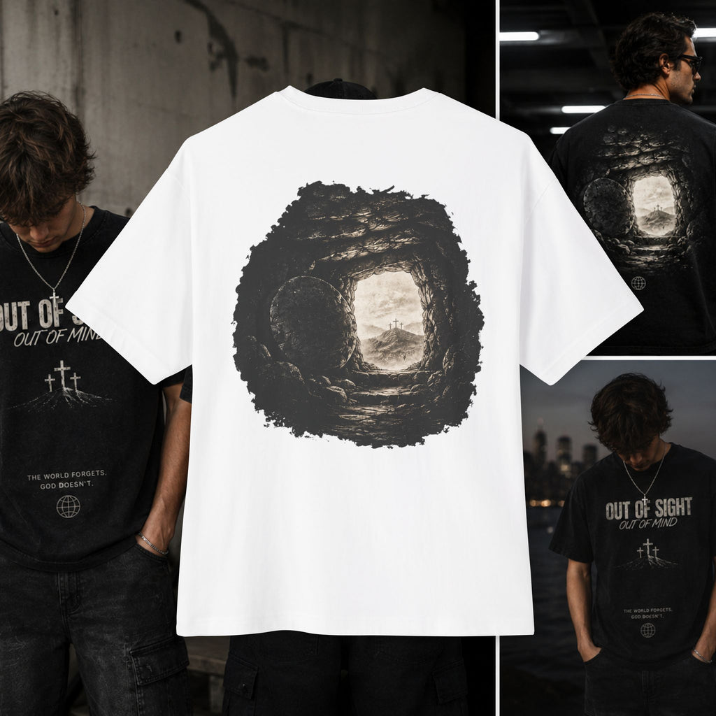 Out of Sight Tee — Minimal Christian Cross & Tomb Graphic Oversized T-Shirt