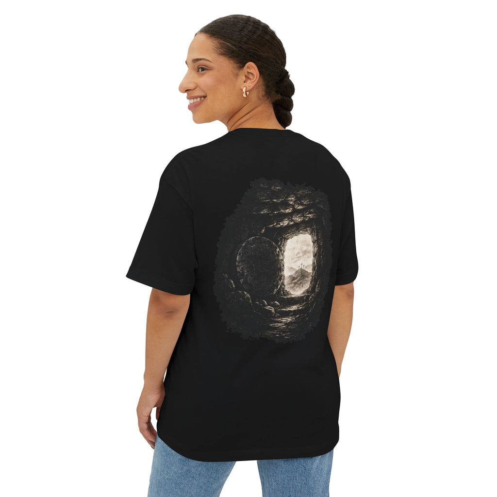 Out of Sight Tee — Minimal Christian Cross & Tomb Graphic Oversized T-Shirt