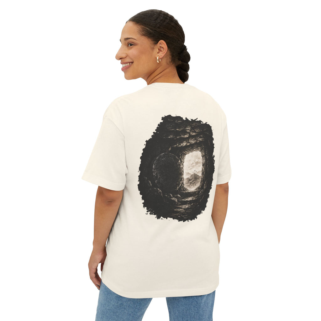 Out of Sight Tee — Minimal Christian Cross & Tomb Graphic Oversized T-Shirt