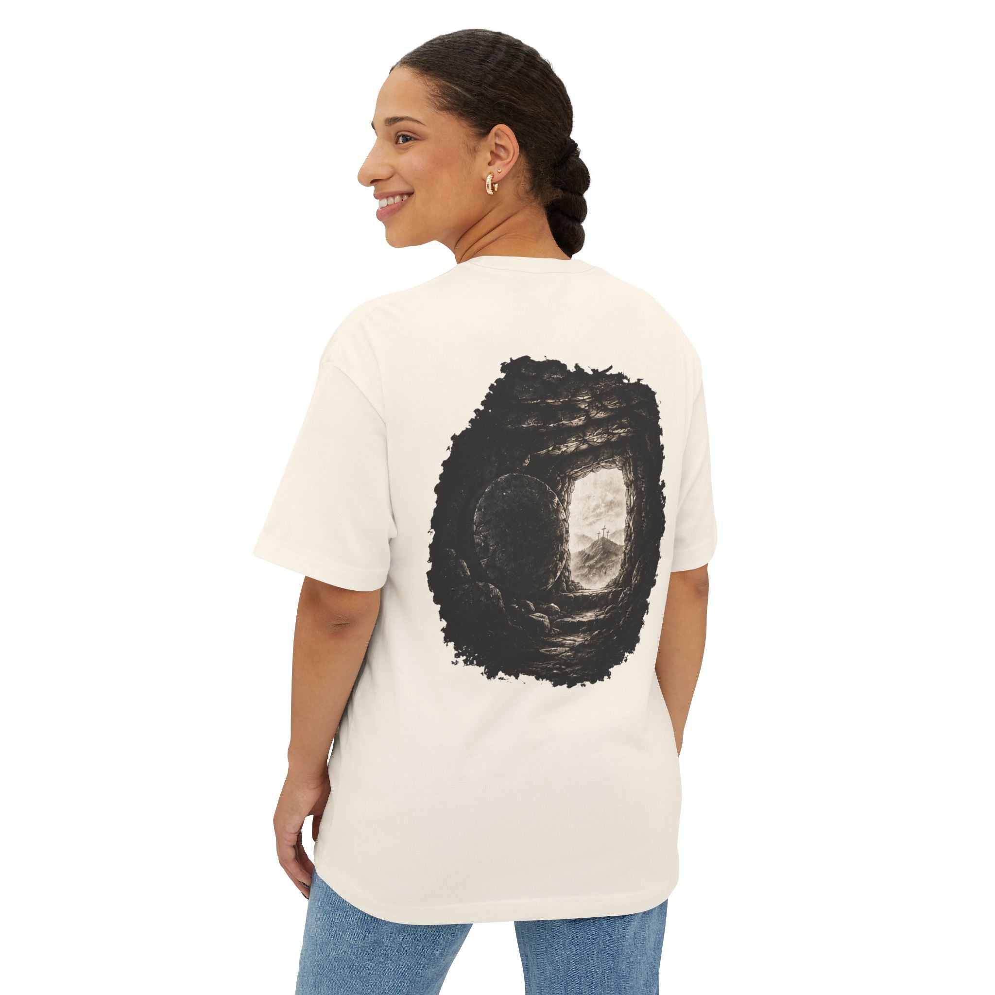 Out of Sight Tee — Minimal Christian Cross & Tomb Graphic Oversized T-Shirt