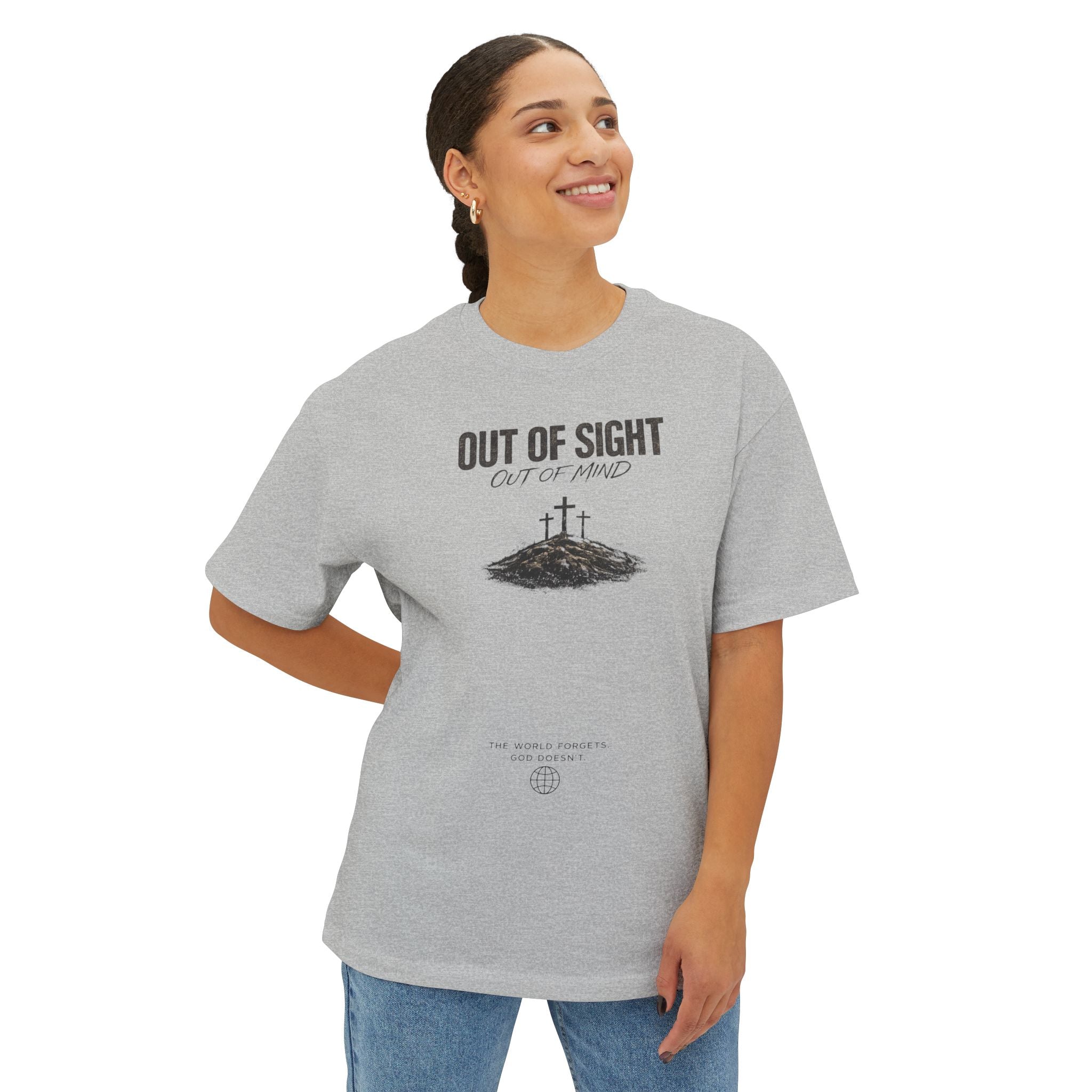 Out of Sight Tee — Minimal Christian Cross & Tomb Graphic Oversized T-Shirt