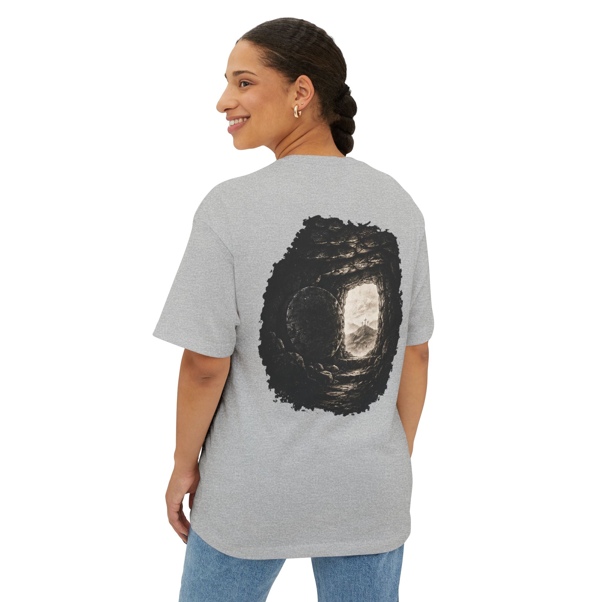 Out of Sight Tee — Minimal Christian Cross & Tomb Graphic Oversized T-Shirt