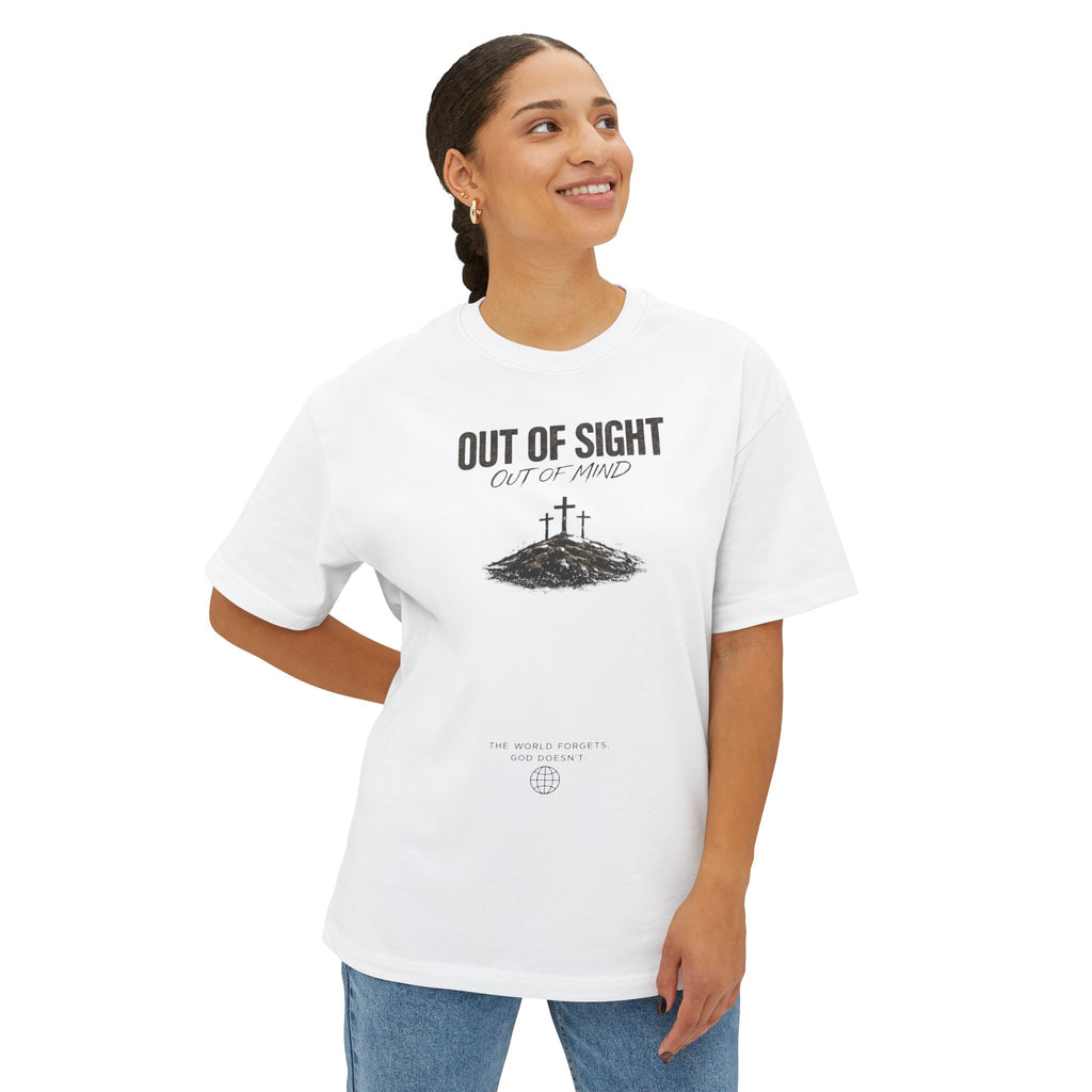 Out of Sight Tee — Minimal Christian Cross & Tomb Graphic Oversized T-Shirt