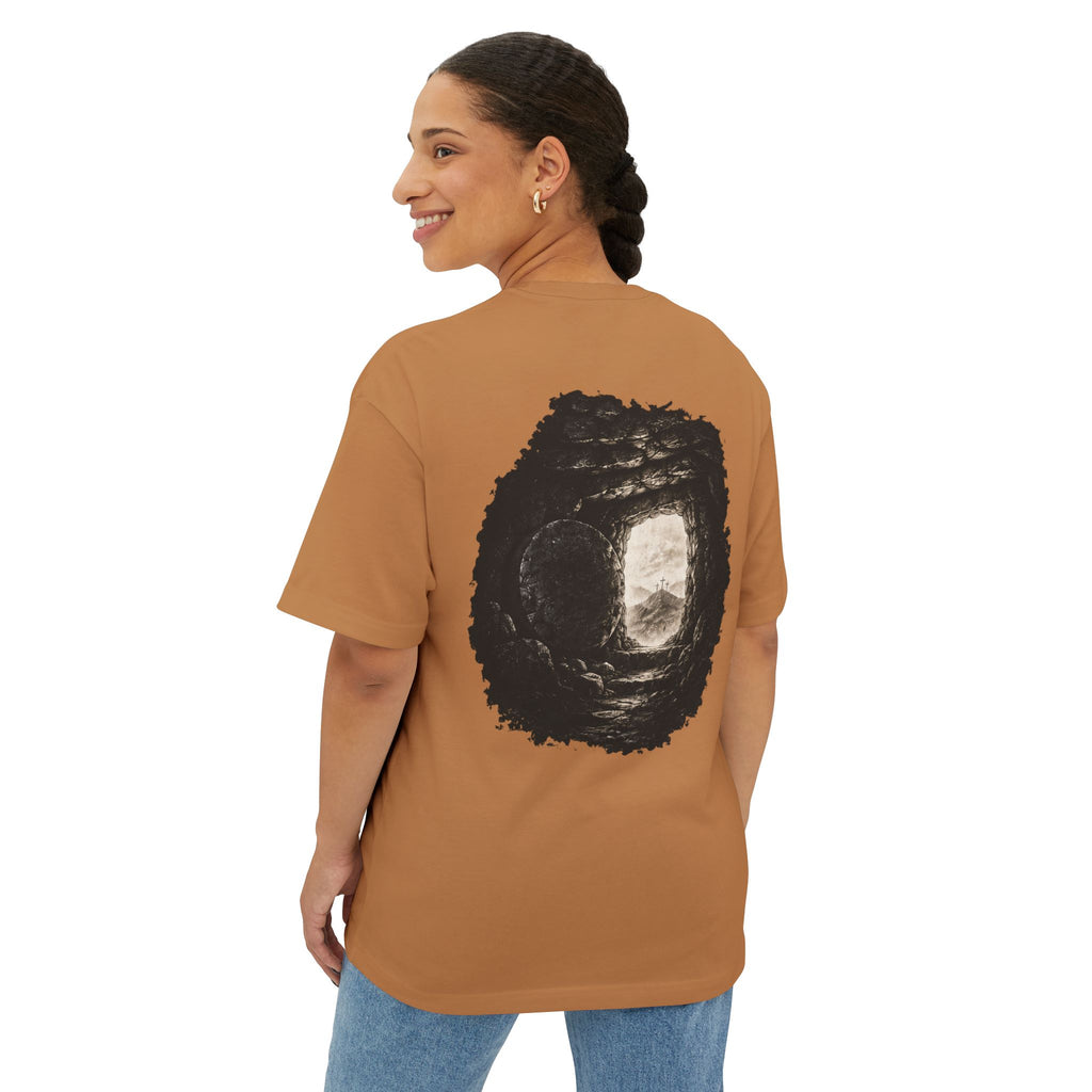 Out of Sight Tee — Minimal Christian Cross & Tomb Graphic Oversized T-Shirt