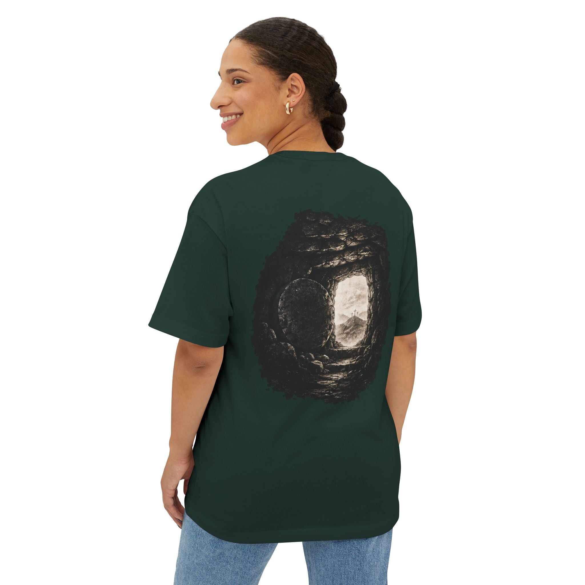 Out of Sight Tee — Minimal Christian Cross & Tomb Graphic Oversized T-Shirt
