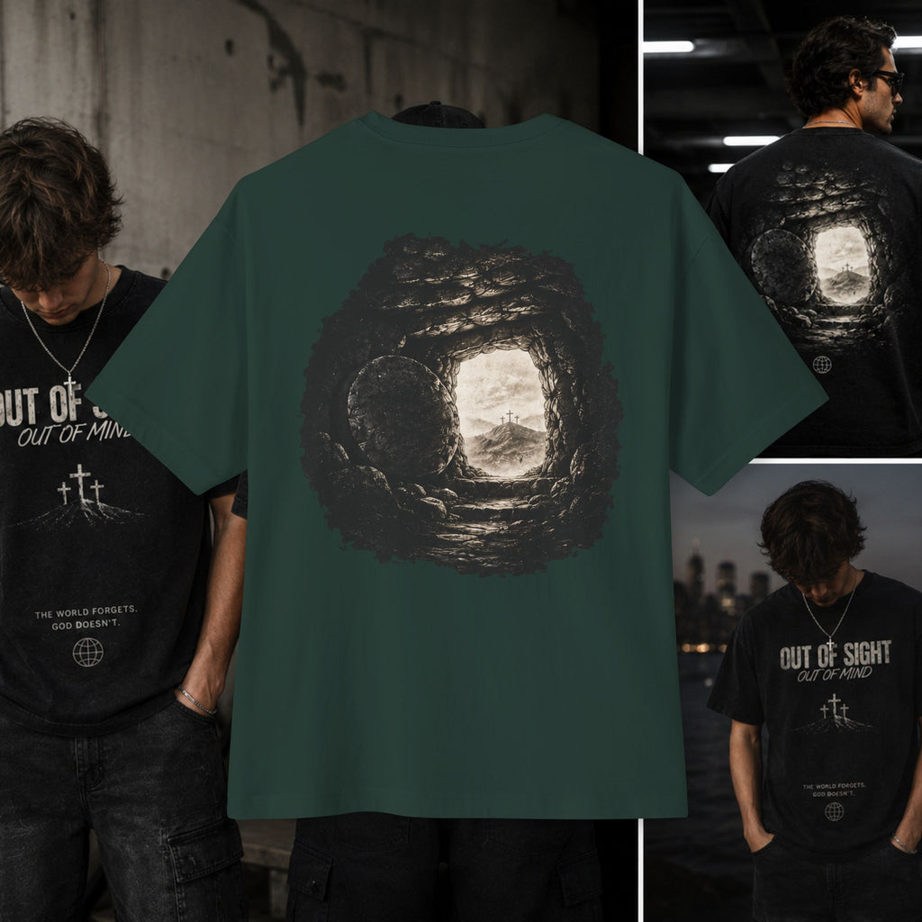 Out of Sight Tee — Minimal Christian Cross & Tomb Graphic Oversized T-Shirt