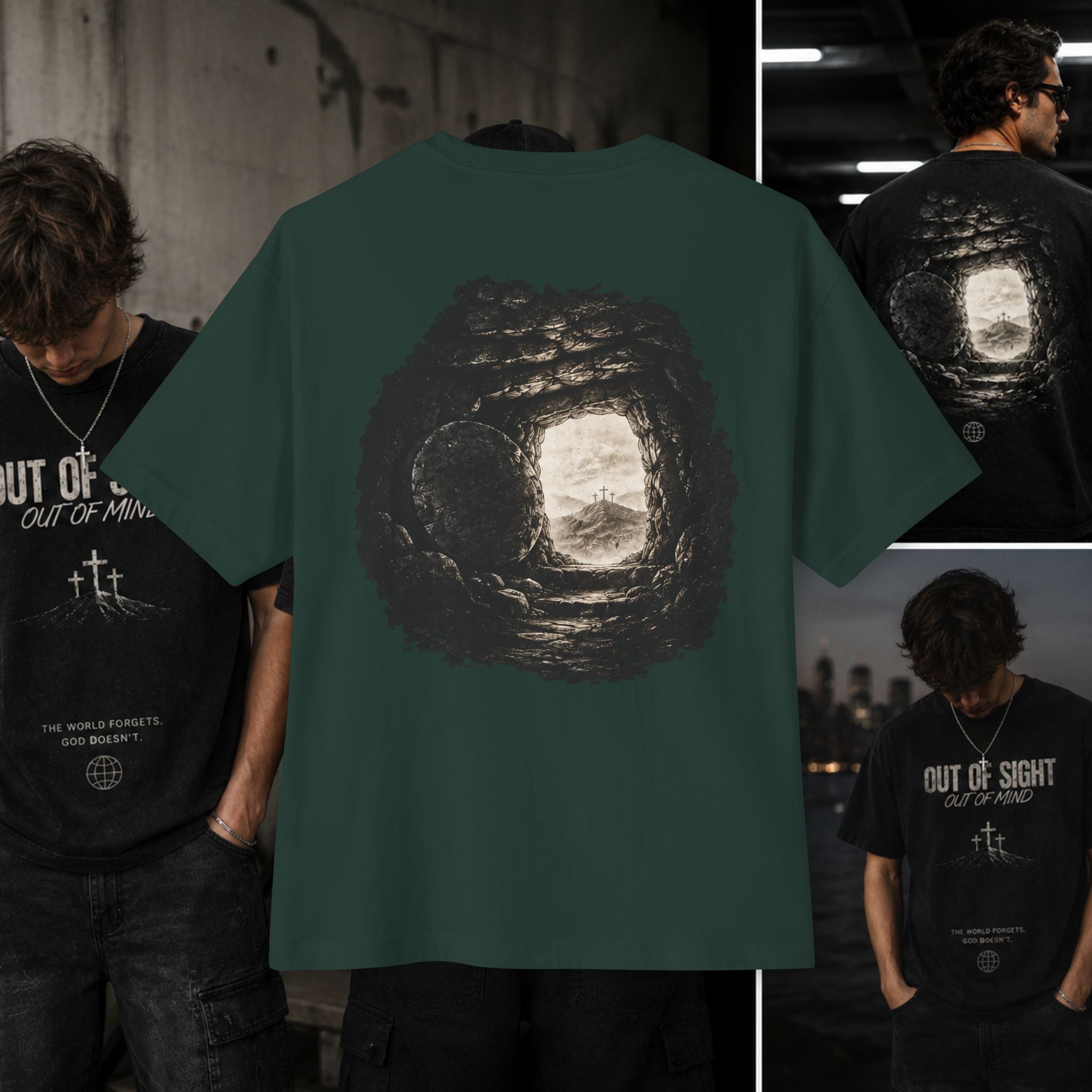 Out of Sight Tee — Minimal Christian Cross & Tomb Graphic Oversized T-Shirt