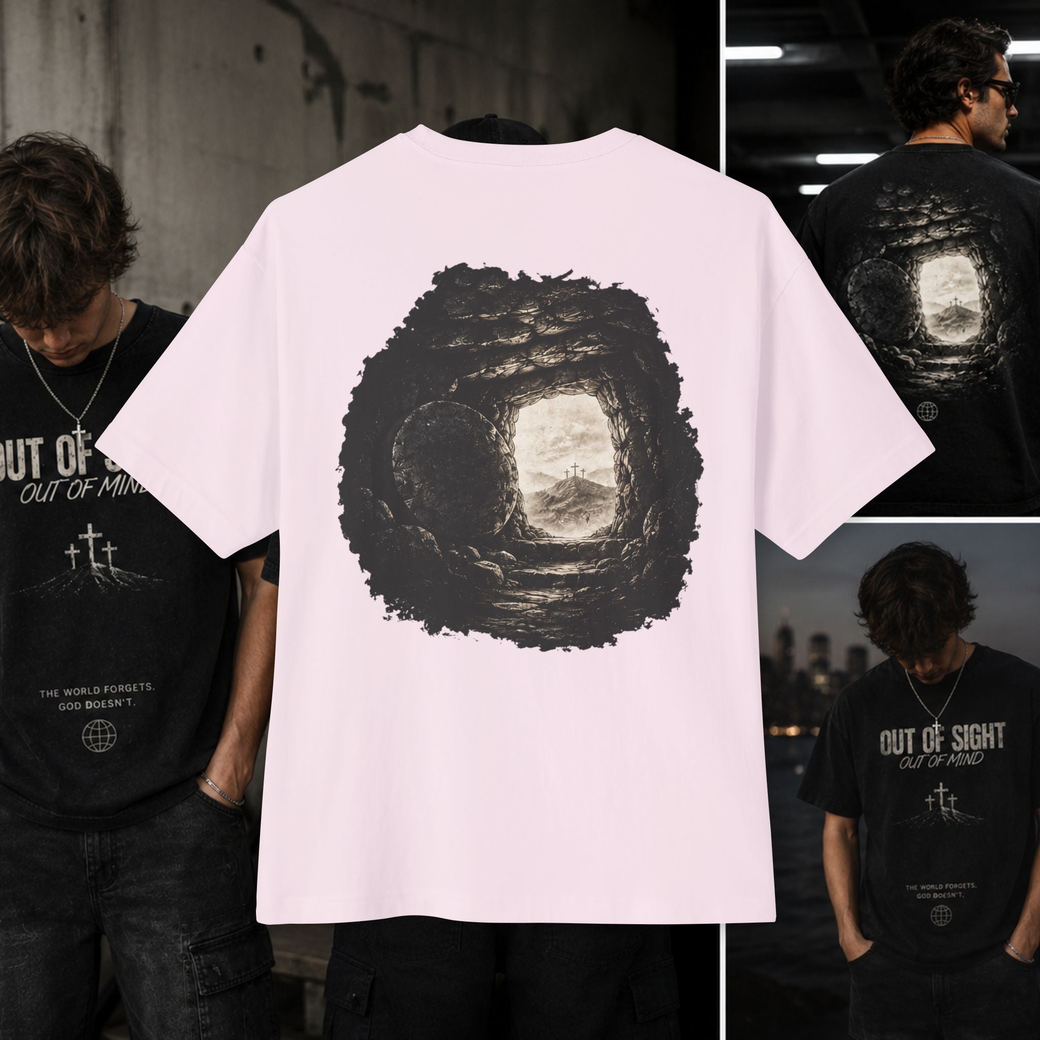Out of Sight Tee — Minimal Christian Cross & Tomb Graphic Oversized T-Shirt