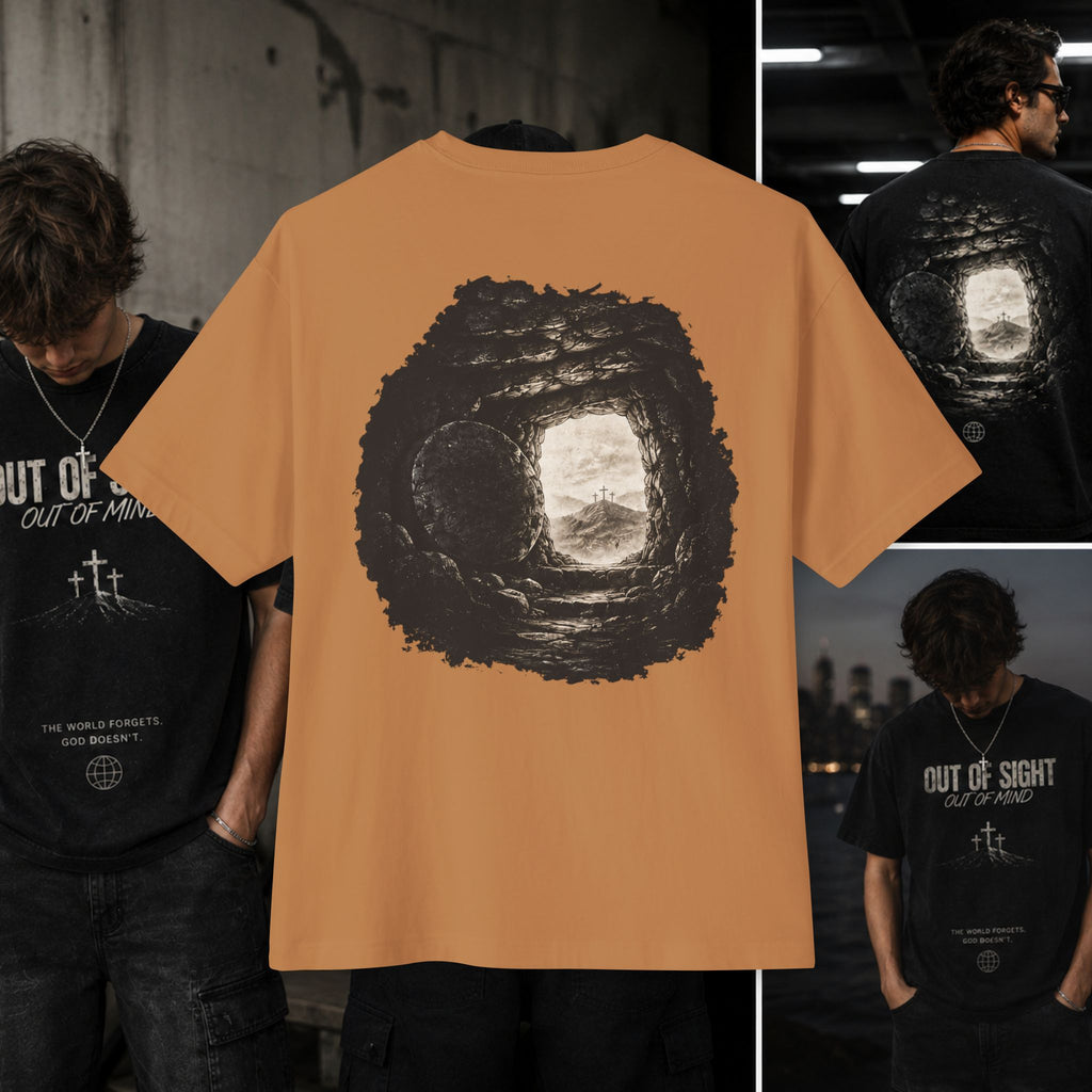 Out of Sight Tee — Minimal Christian Cross & Tomb Graphic Oversized T-Shirt
