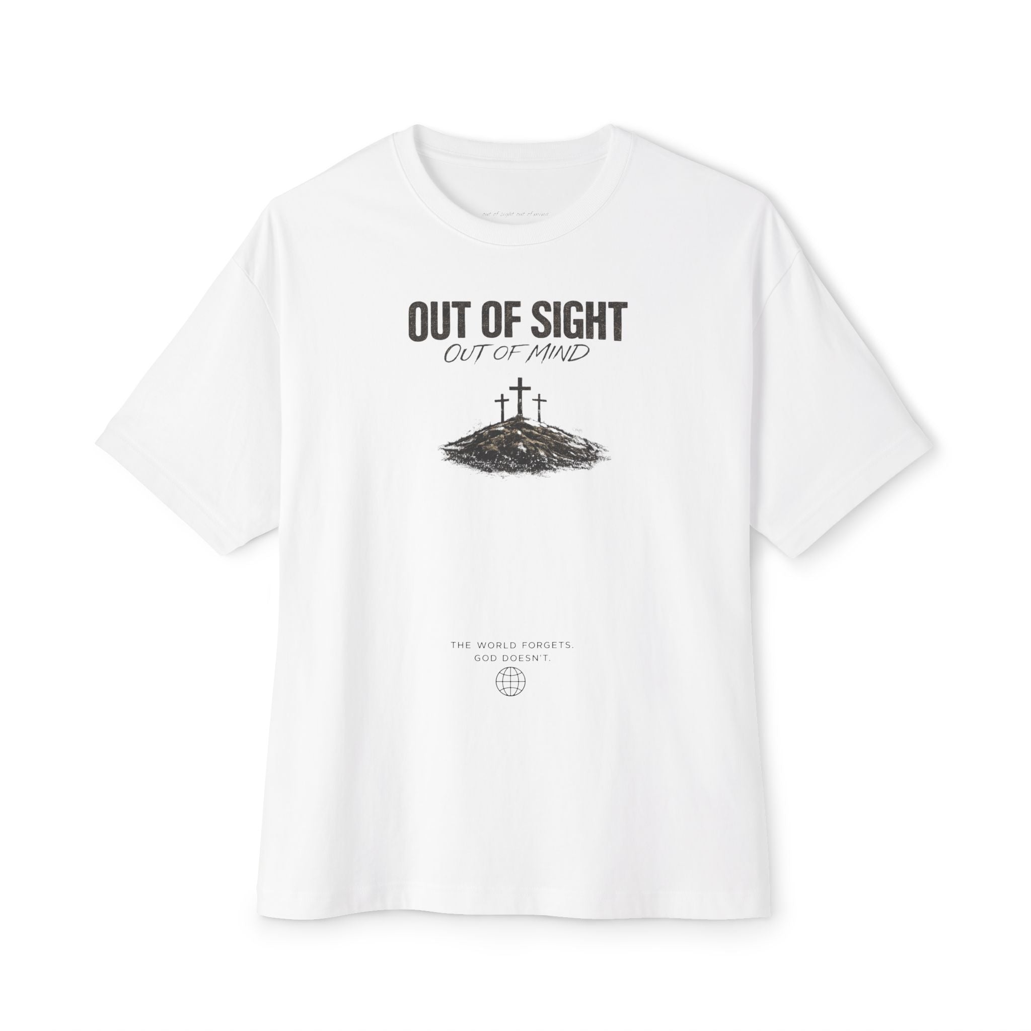 Out of Sight Tee — Minimal Christian Cross & Tomb Graphic Oversized T-Shirt