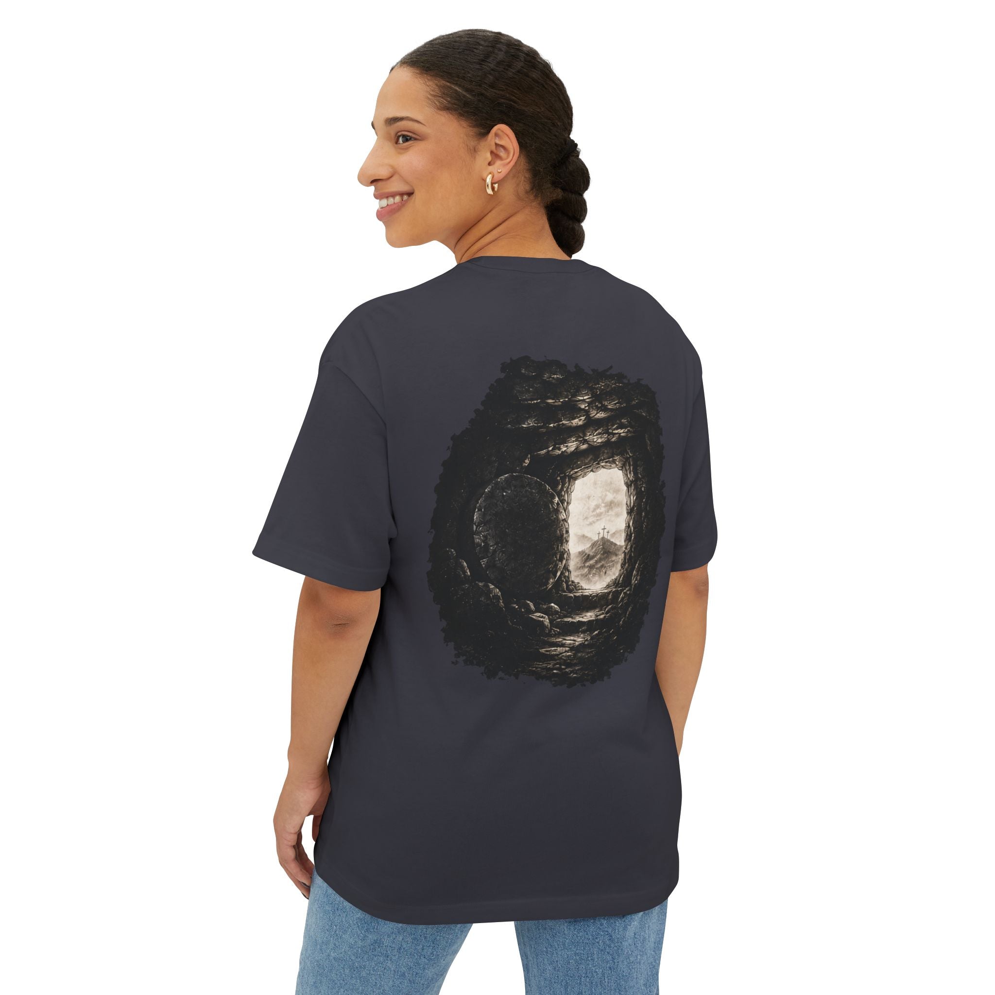 Out of Sight Tee — Minimal Christian Cross & Tomb Graphic Oversized T-Shirt