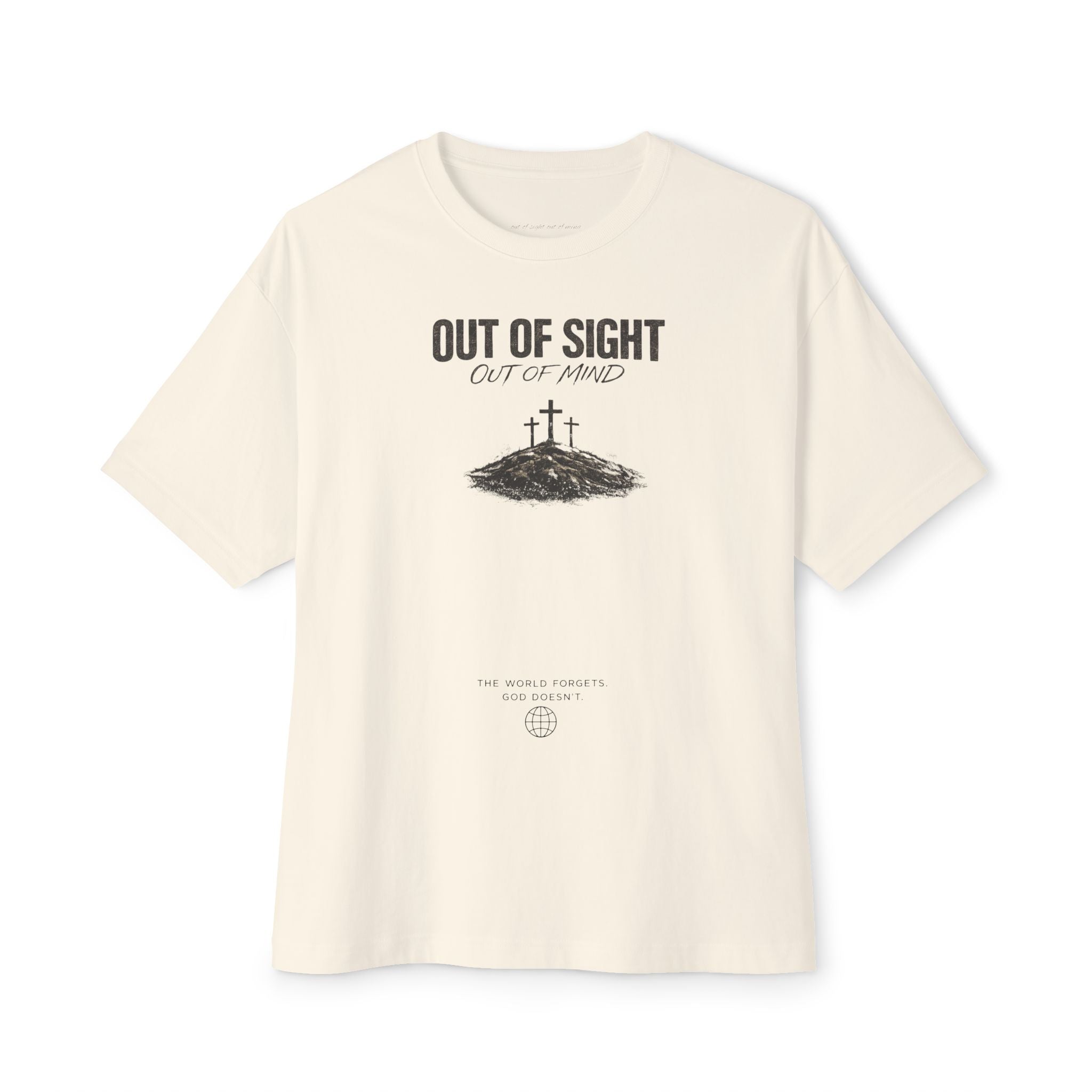 Out of Sight Tee — Minimal Christian Cross & Tomb Graphic Oversized T-Shirt