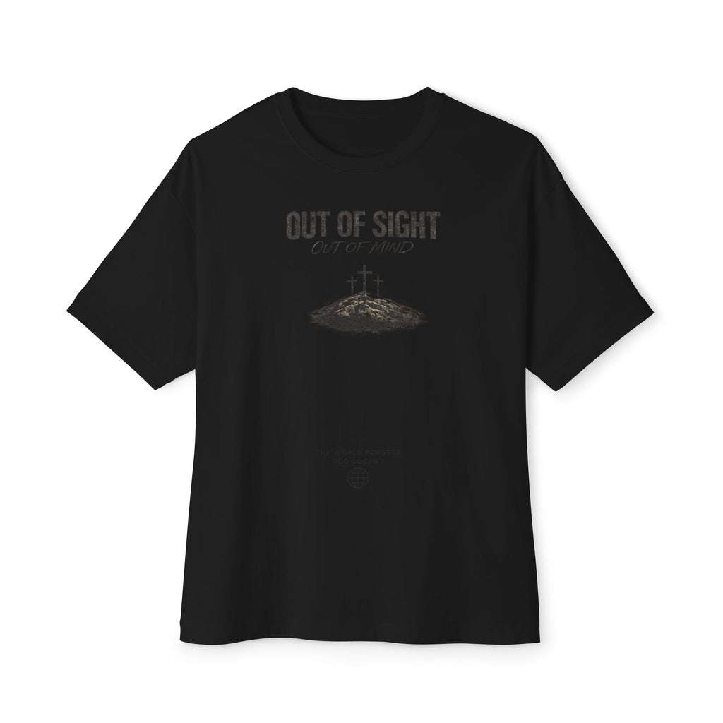 Out of Sight Tee — Minimal Christian Cross & Tomb Graphic Oversized T-Shirt