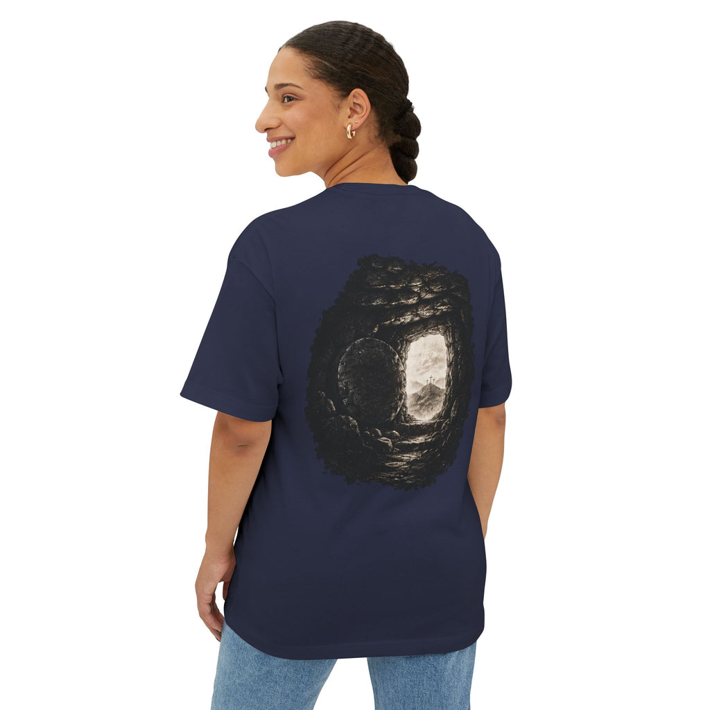 Out of Sight Tee — Minimal Christian Cross & Tomb Graphic Oversized T-Shirt