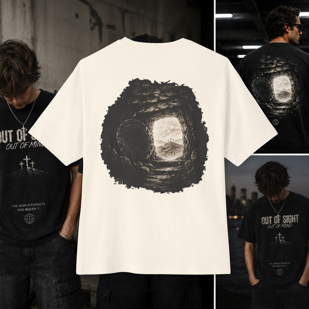 Out of Sight Tee — Minimal Christian Cross & Tomb Graphic Oversized T-Shirt