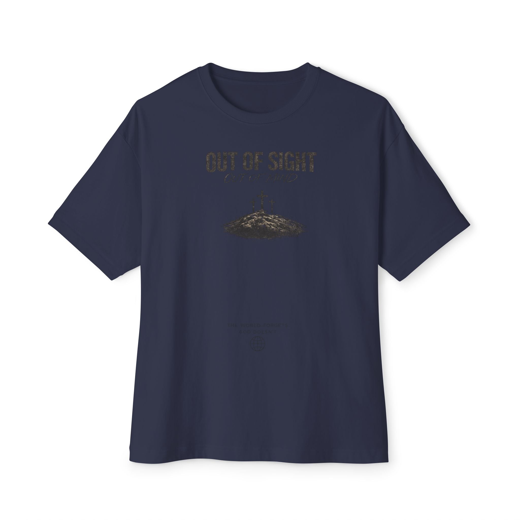 Out of Sight Tee — Minimal Christian Cross & Tomb Graphic Oversized T-Shirt