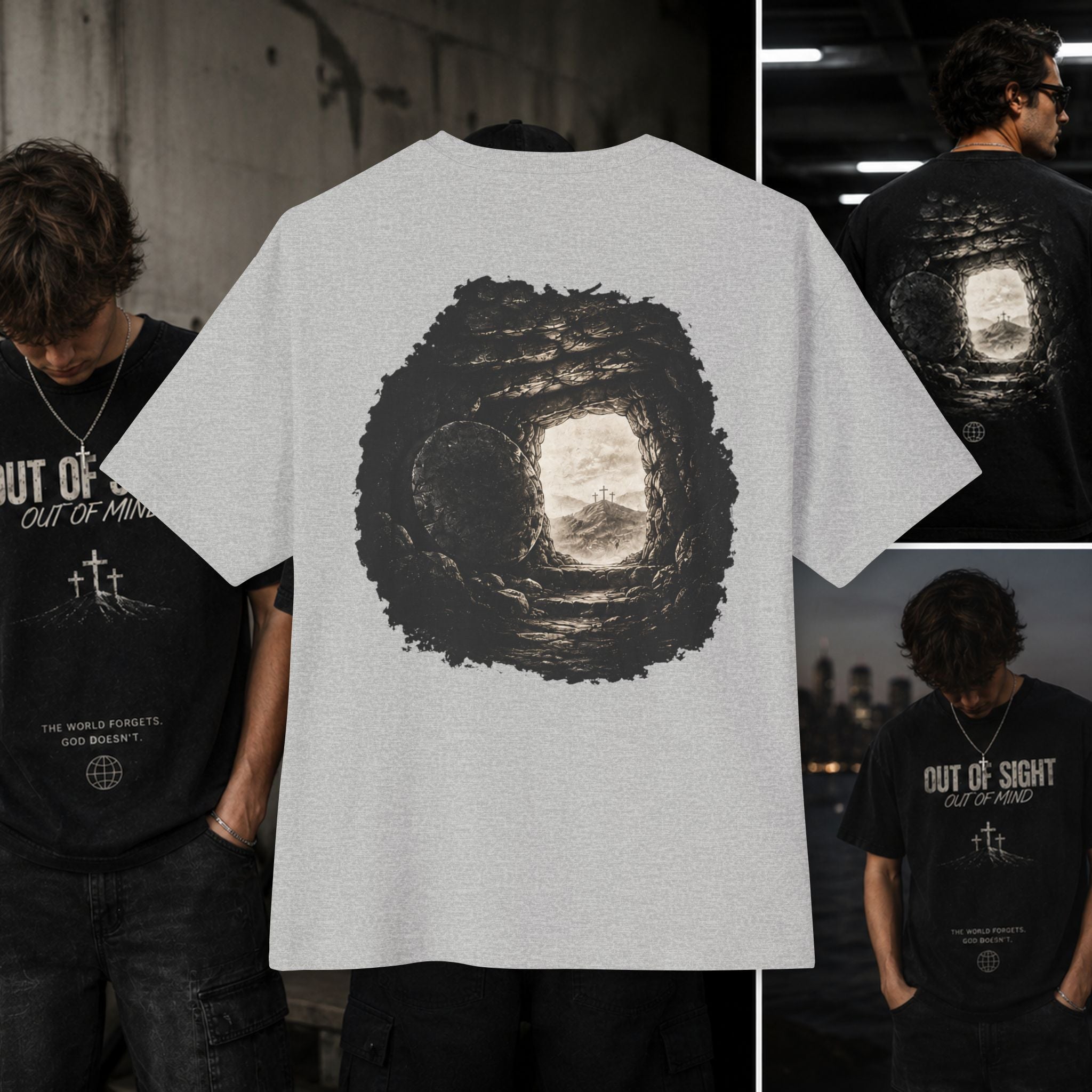 Out of Sight Tee — Minimal Christian Cross & Tomb Graphic Oversized T-Shirt