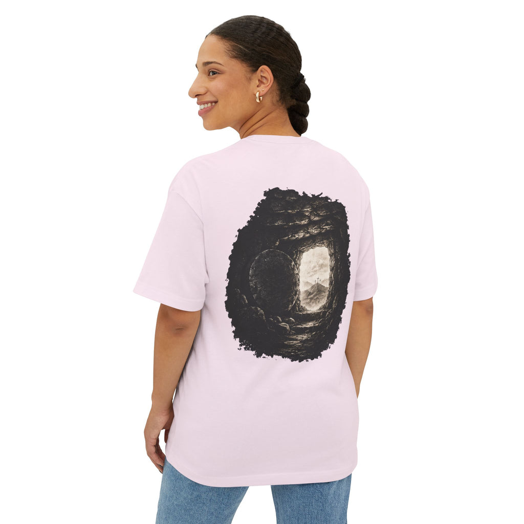 Out of Sight Tee — Minimal Christian Cross & Tomb Graphic Oversized T-Shirt