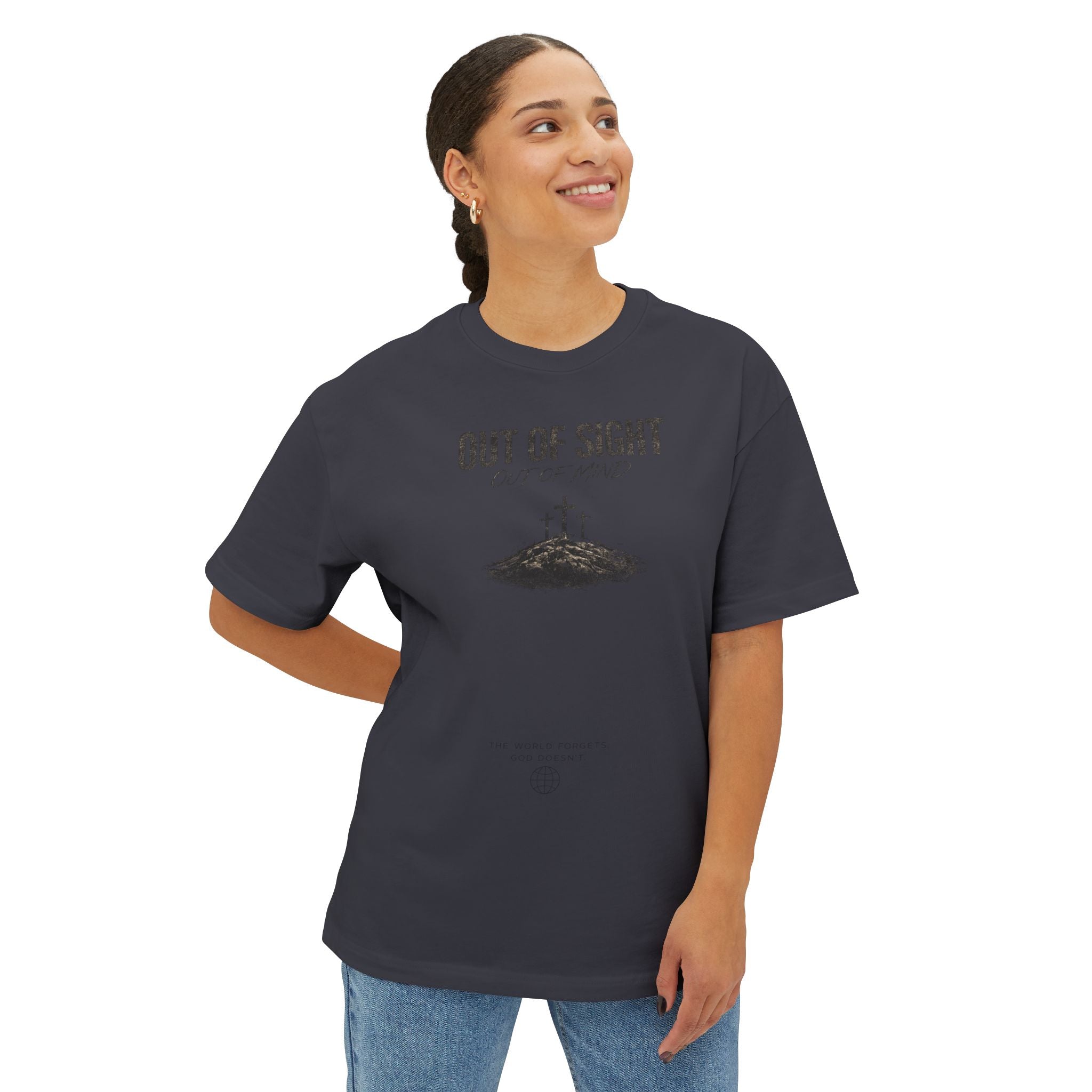 Out of Sight Tee — Minimal Christian Cross & Tomb Graphic Oversized T-Shirt