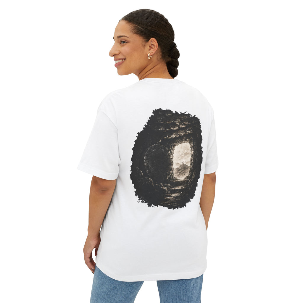 Out of Sight Tee — Minimal Christian Cross & Tomb Graphic Oversized T-Shirt
