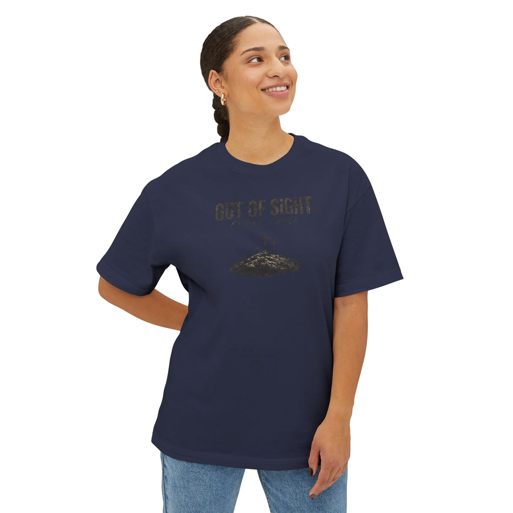 Out of Sight Tee — Minimal Christian Cross & Tomb Graphic Oversized T-Shirt
