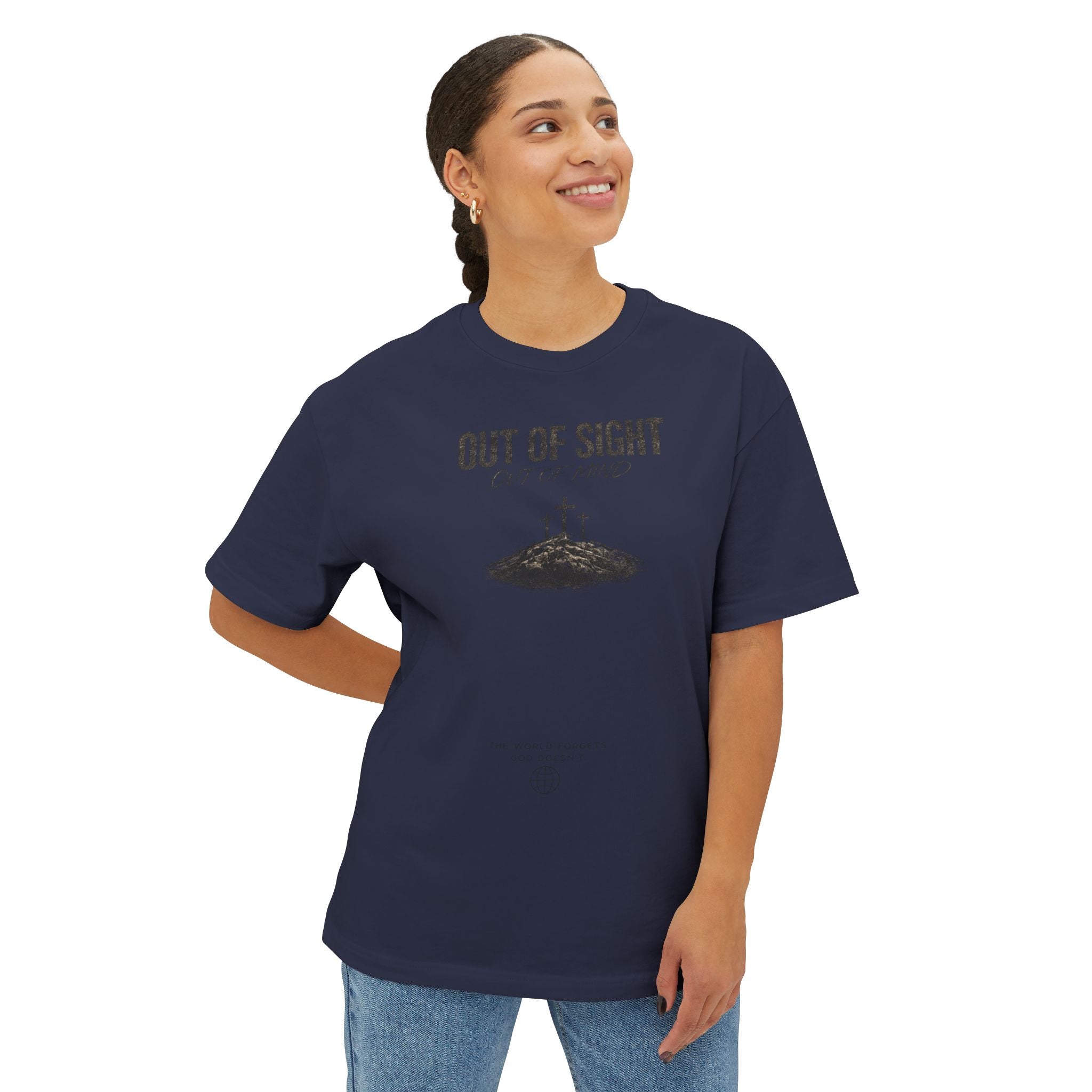 Out of Sight Tee — Minimal Christian Cross & Tomb Graphic Oversized T-Shirt