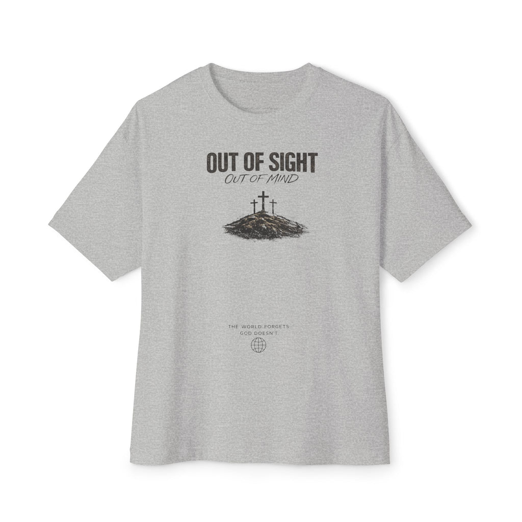 Out of Sight Tee — Minimal Christian Cross & Tomb Graphic Oversized T-Shirt