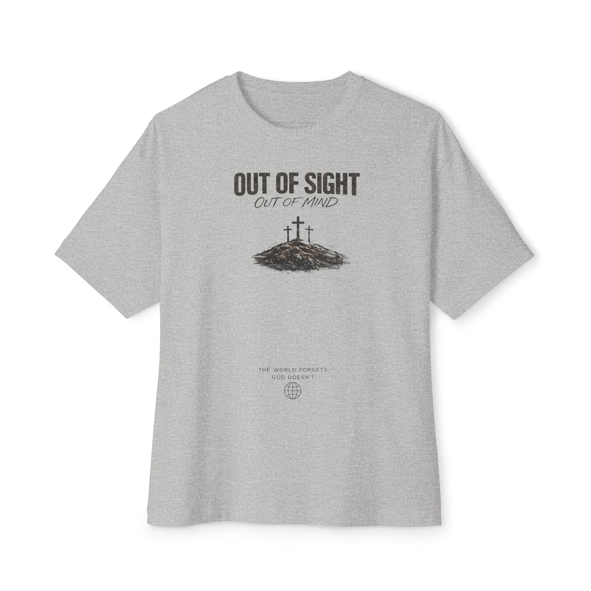 Out of Sight Tee — Minimal Christian Cross & Tomb Graphic Oversized T-Shirt