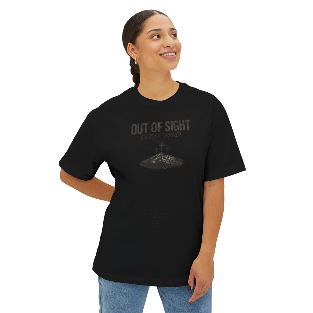 Out of Sight Tee — Minimal Christian Cross & Tomb Graphic Oversized T-Shirt