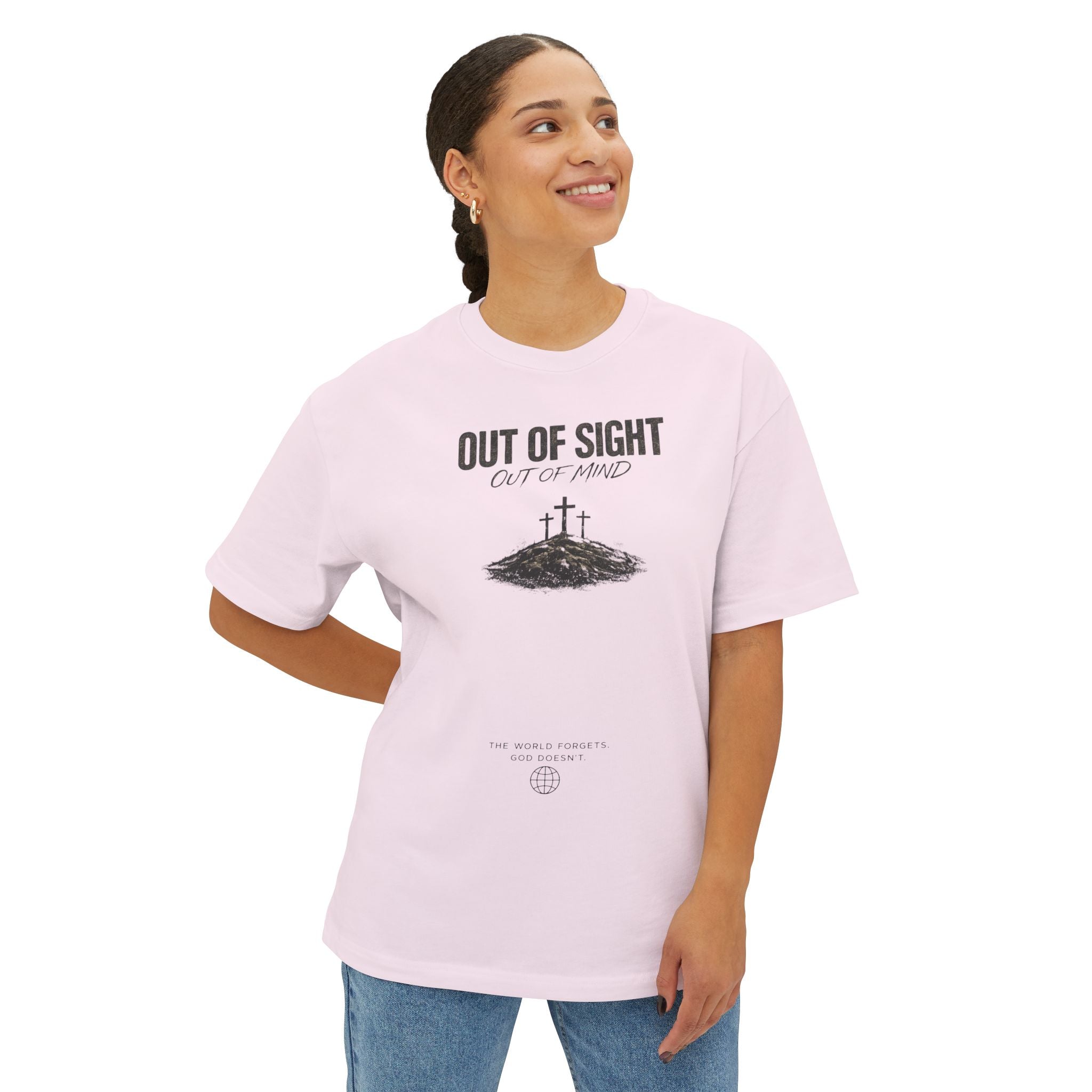 Out of Sight Tee — Minimal Christian Cross & Tomb Graphic Oversized T-Shirt