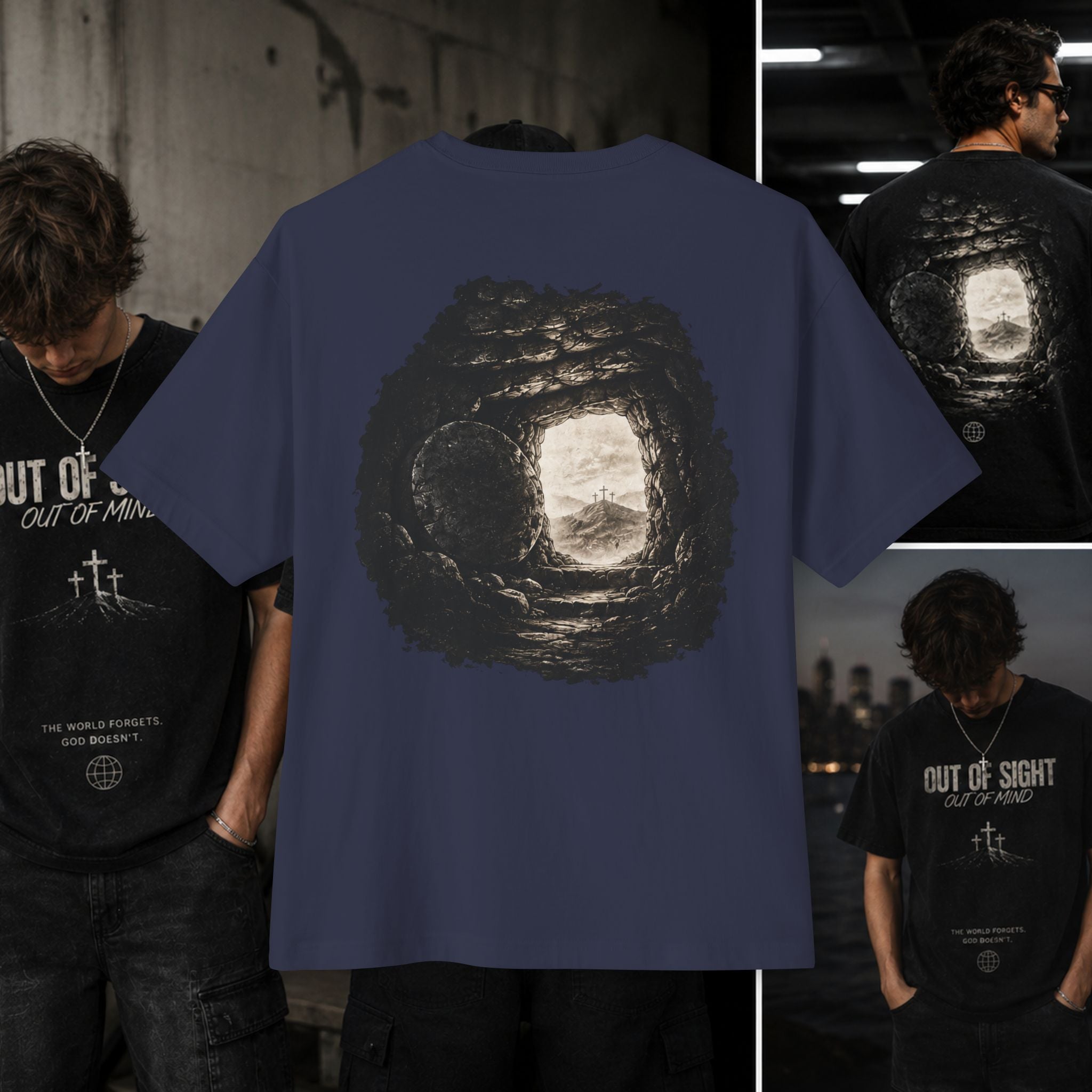 Out of Sight Tee — Minimal Christian Cross & Tomb Graphic Oversized T-Shirt