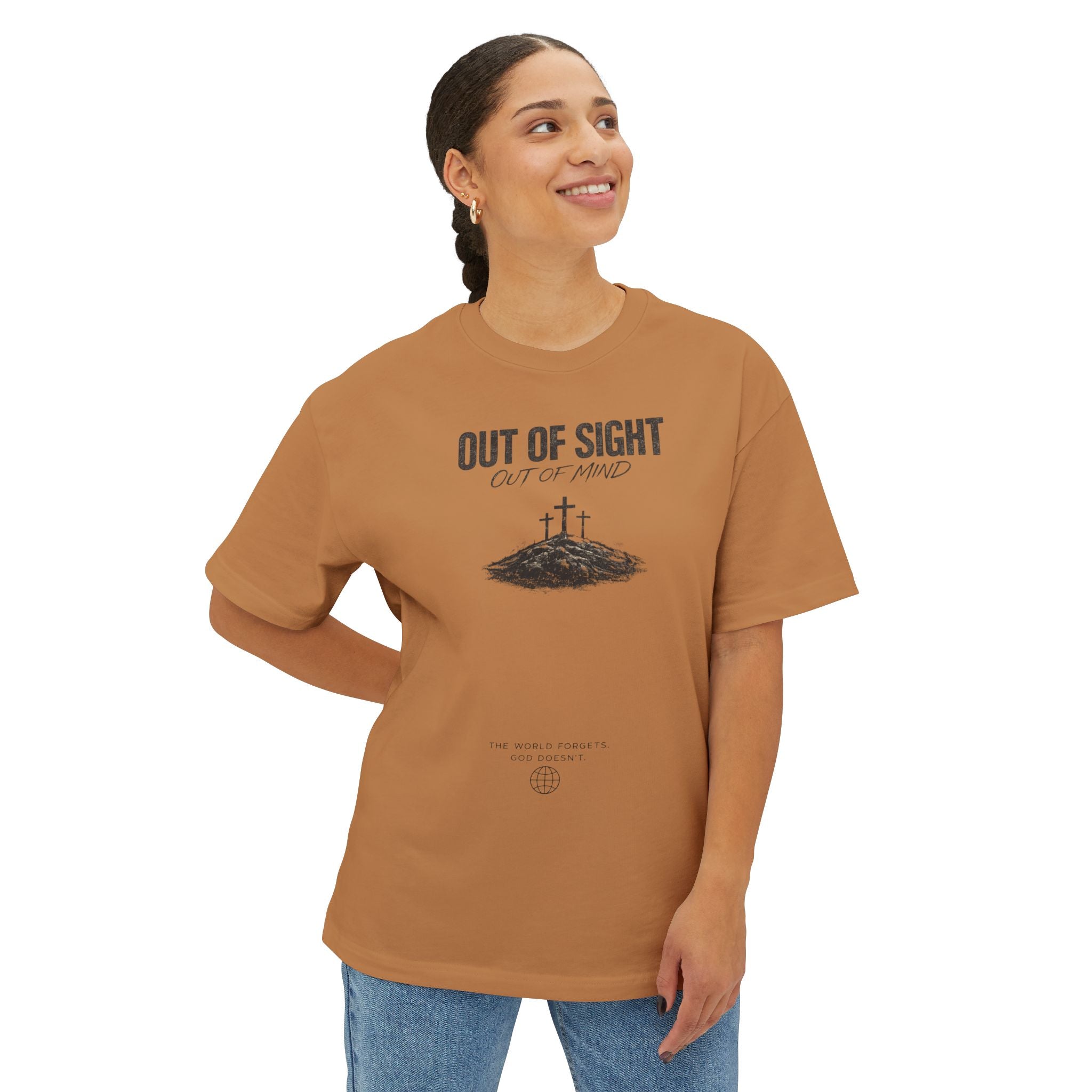 Out of Sight Tee — Minimal Christian Cross & Tomb Graphic Oversized T-Shirt