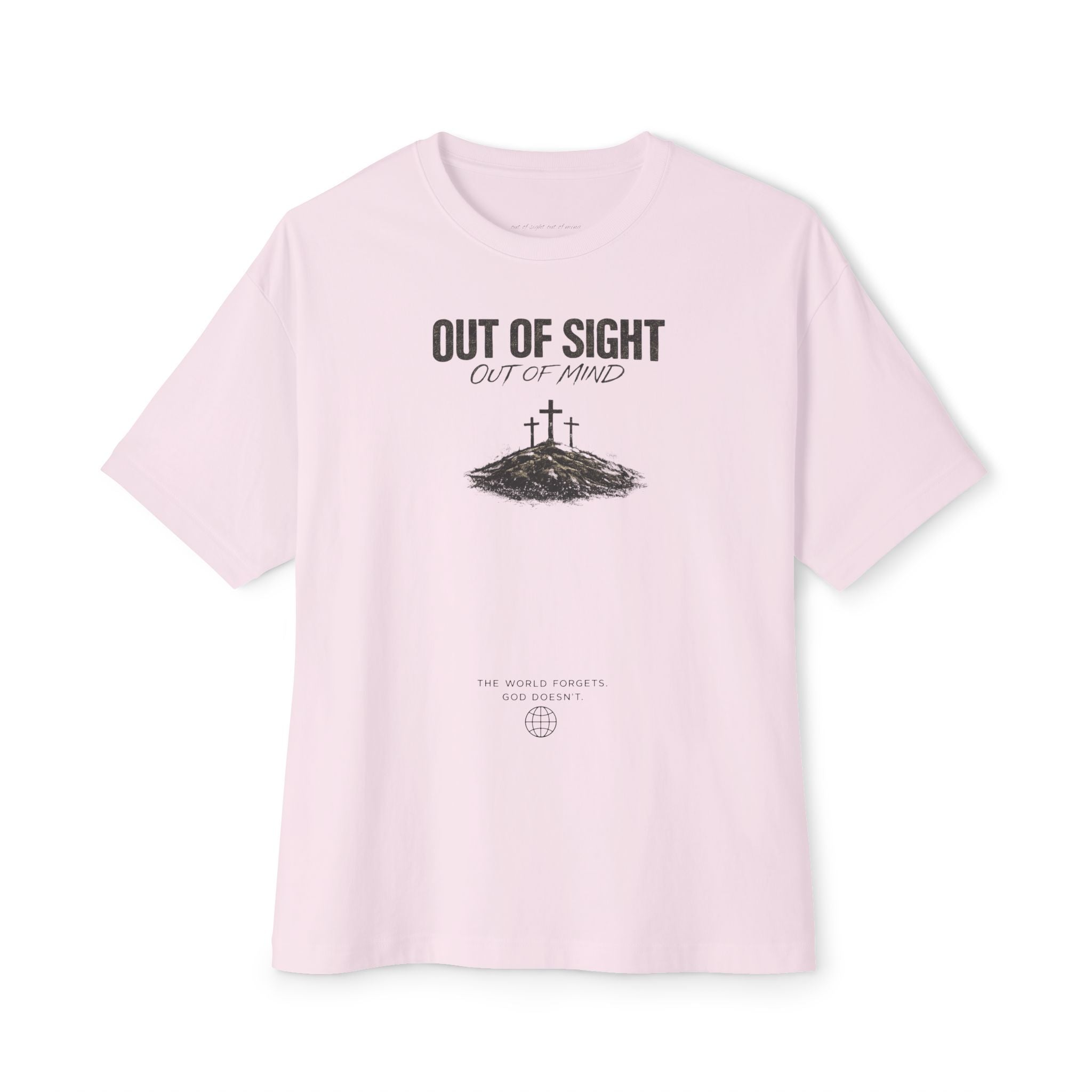 Out of Sight Tee — Minimal Christian Cross & Tomb Graphic Oversized T-Shirt