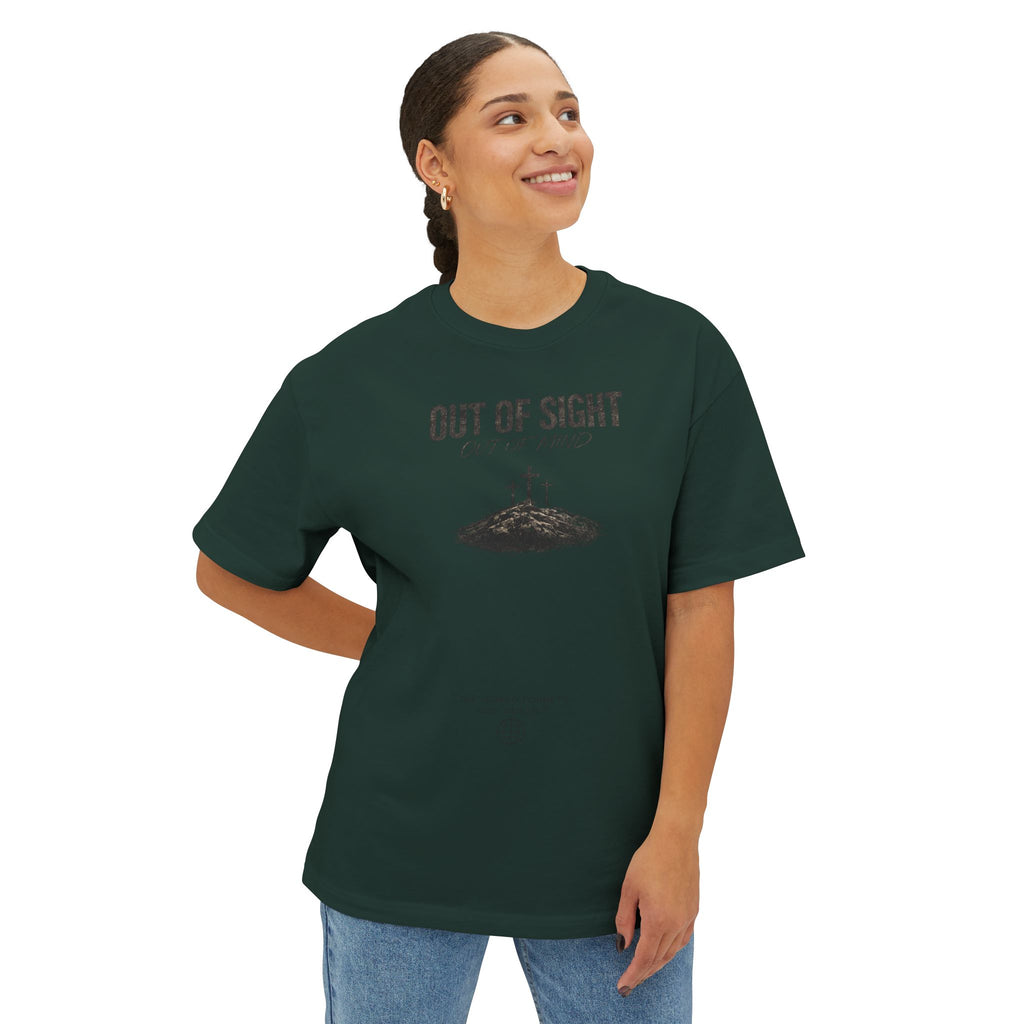 Out of Sight Tee — Minimal Christian Cross & Tomb Graphic Oversized T-Shirt