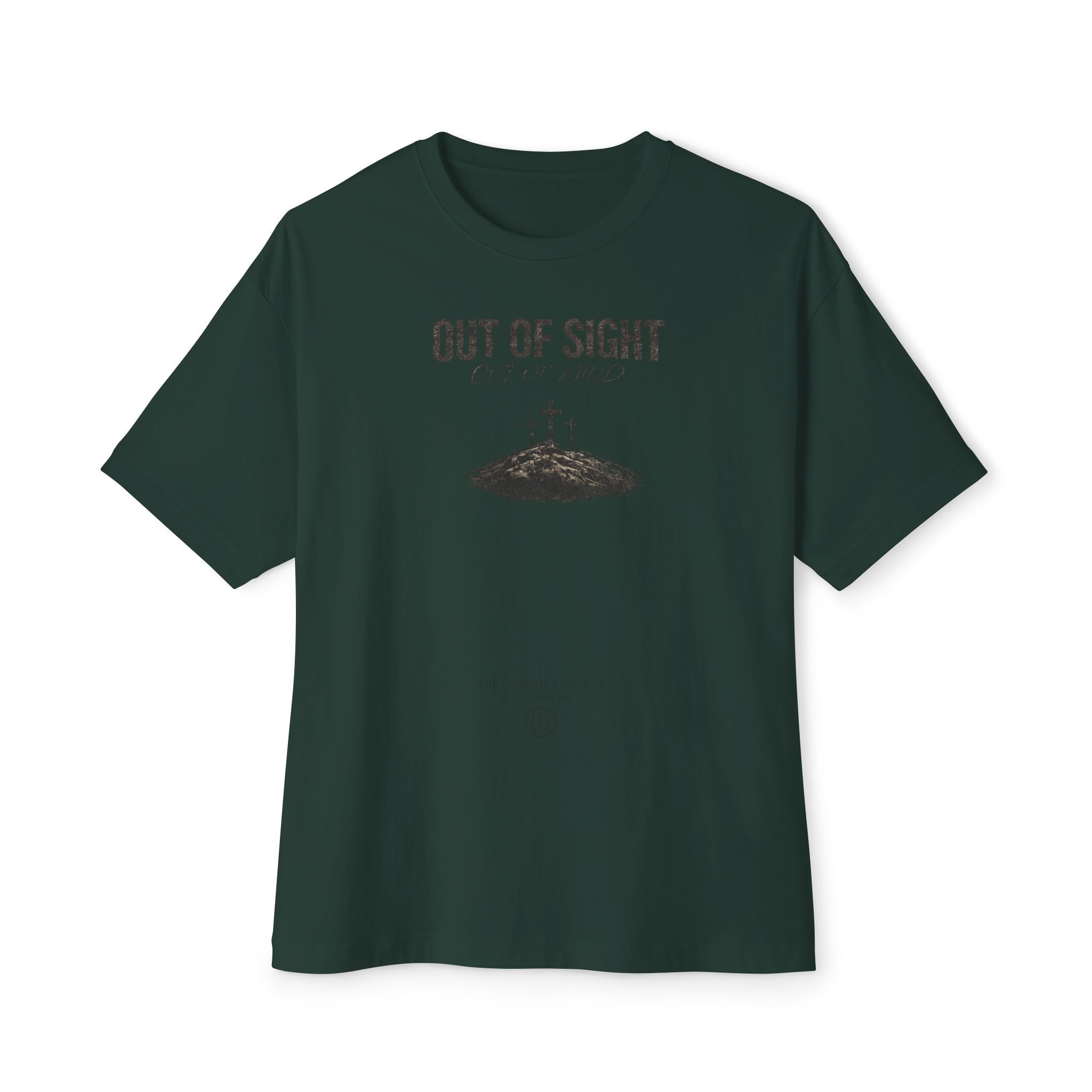 Out of Sight Tee — Minimal Christian Cross & Tomb Graphic Oversized T-Shirt