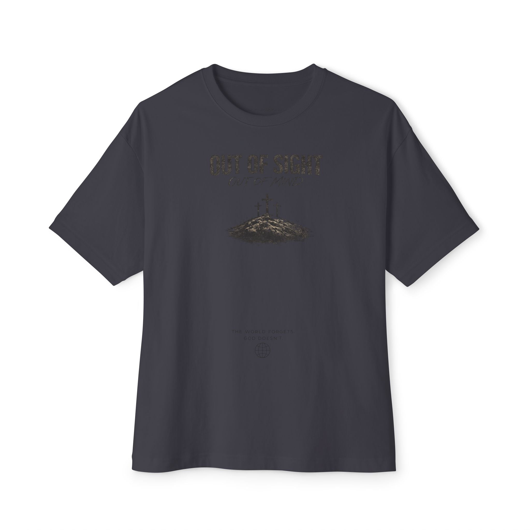 Out of Sight Tee — Minimal Christian Cross & Tomb Graphic Oversized T-Shirt