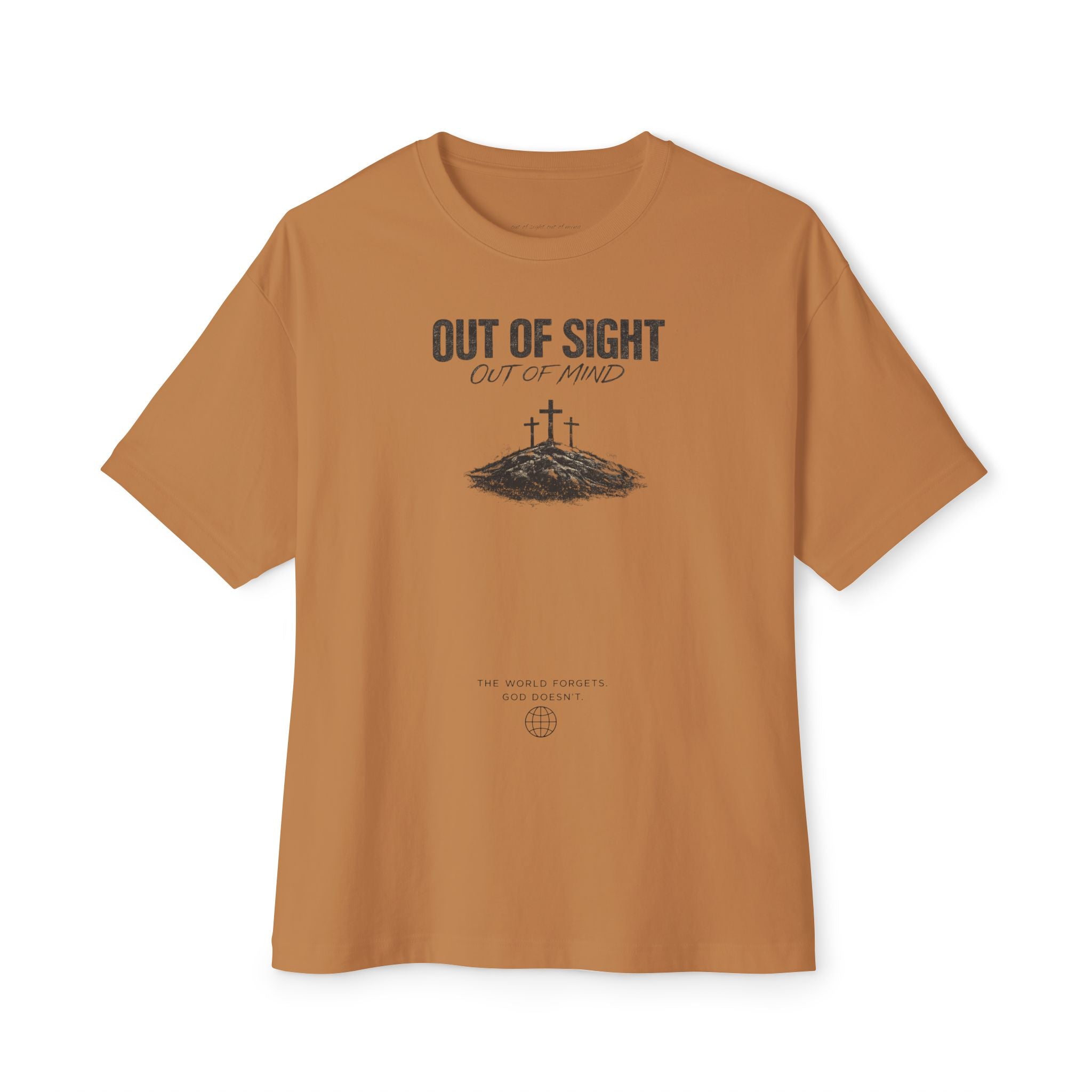 Out of Sight Tee — Minimal Christian Cross & Tomb Graphic Oversized T-Shirt