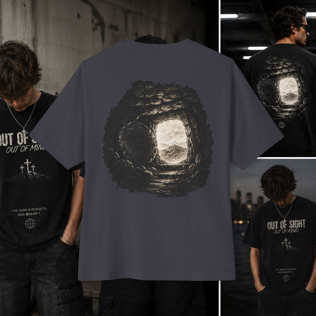 Out of Sight Tee — Minimal Christian Cross & Tomb Graphic Oversized T-Shirt