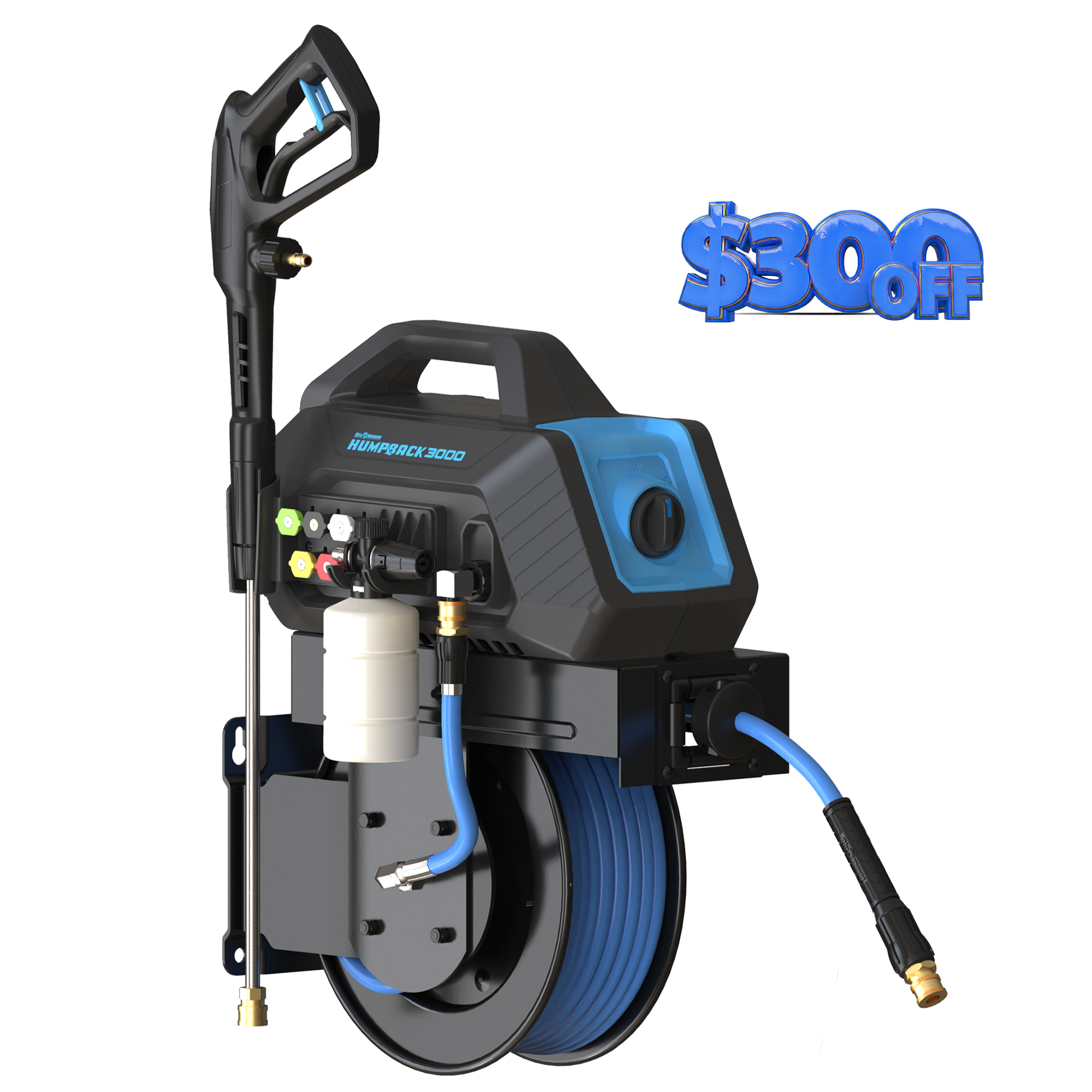 Blu Shield HumpBack 3000PSI All-in-One Pressure Washer System, Auto-Retractable Hose Reel, Industrial Pump, Accessories